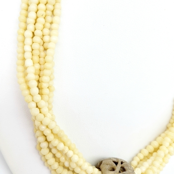 Vintage Beaded Bone Necklace Multi Strand Carved Focal Ethnic Tribal Bohemian - Picture 4 of 6